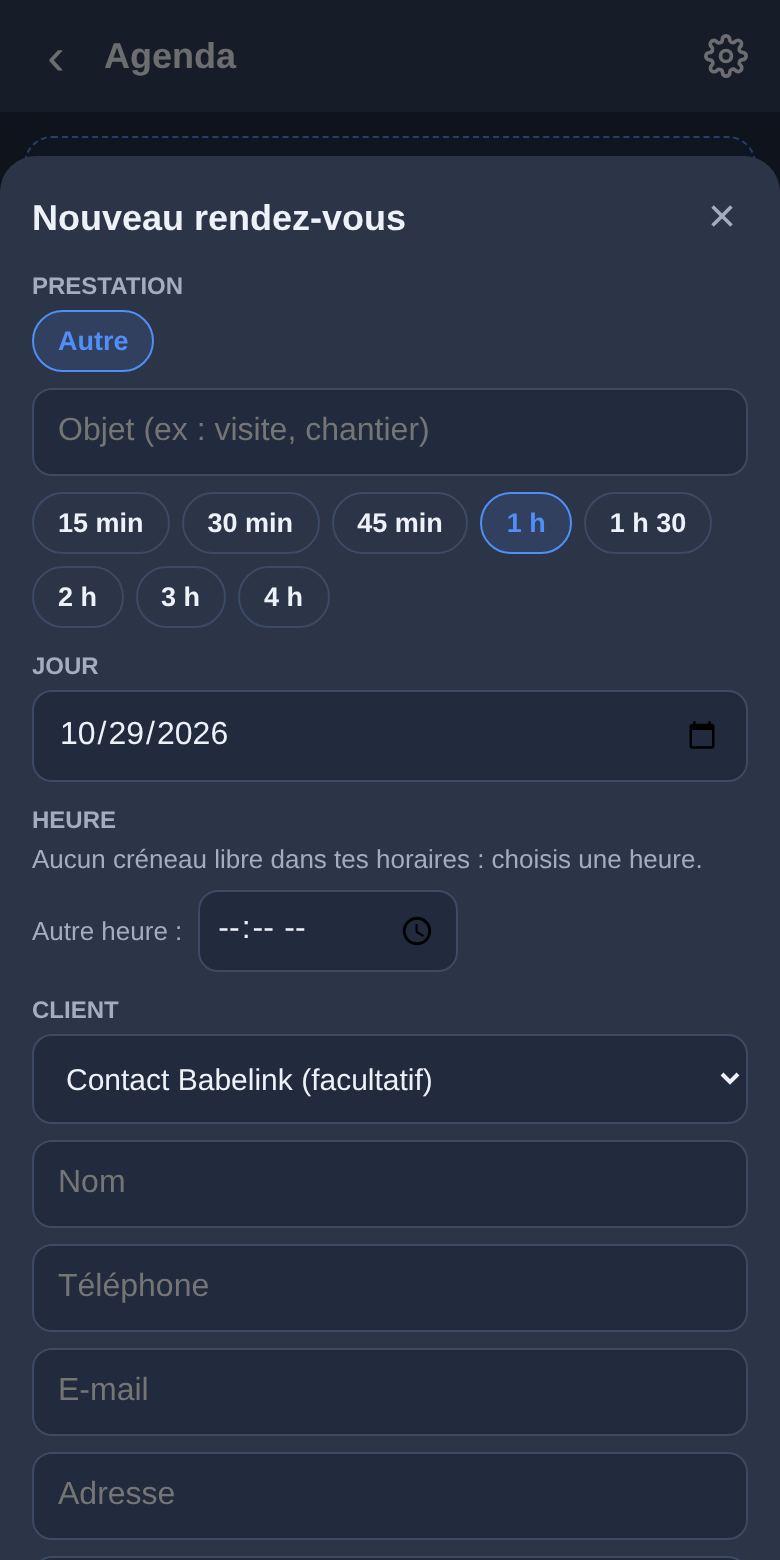 Ajouter un rendez-vous client : écran de l’appli Babelink