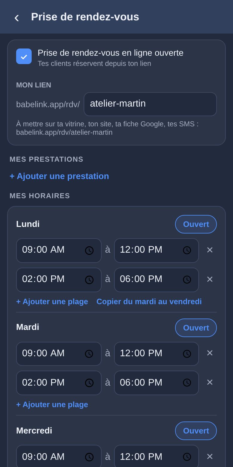 Laisser les clients réserver en ligne : écran de l’appli Babelink