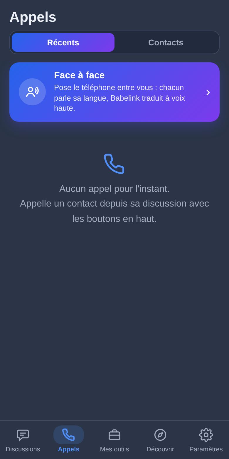 Appeler avec sous-titres traduits : écran de l’appli Babelink