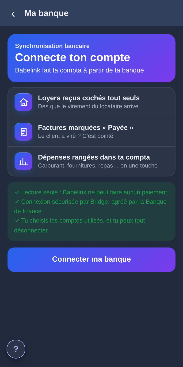 Connecter sa banque à Babelink : écran de l’appli Babelink