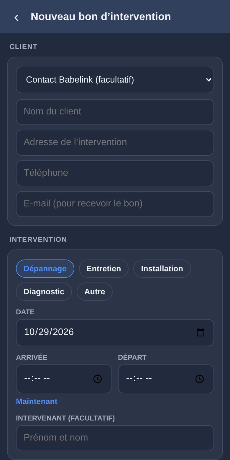 Client absent, qui refuse ou travaux impossibles : le bon de déplacement : écran de l’appli Babelink