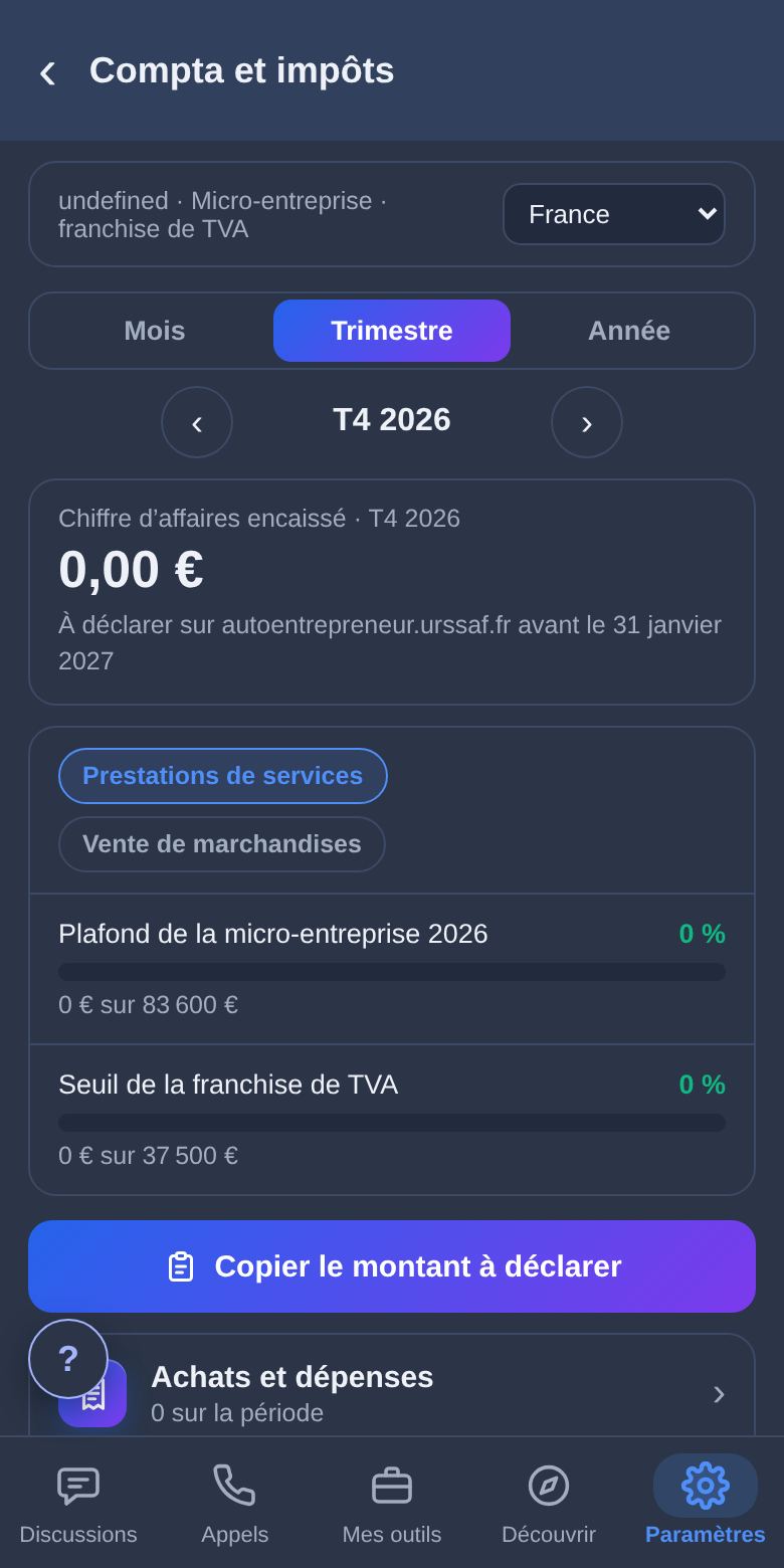 Calculer la TVA à reverser : écran de l’appli Babelink