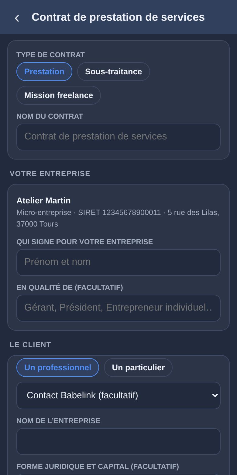 Faire un contrat de prestation de services : écran de l’appli Babelink