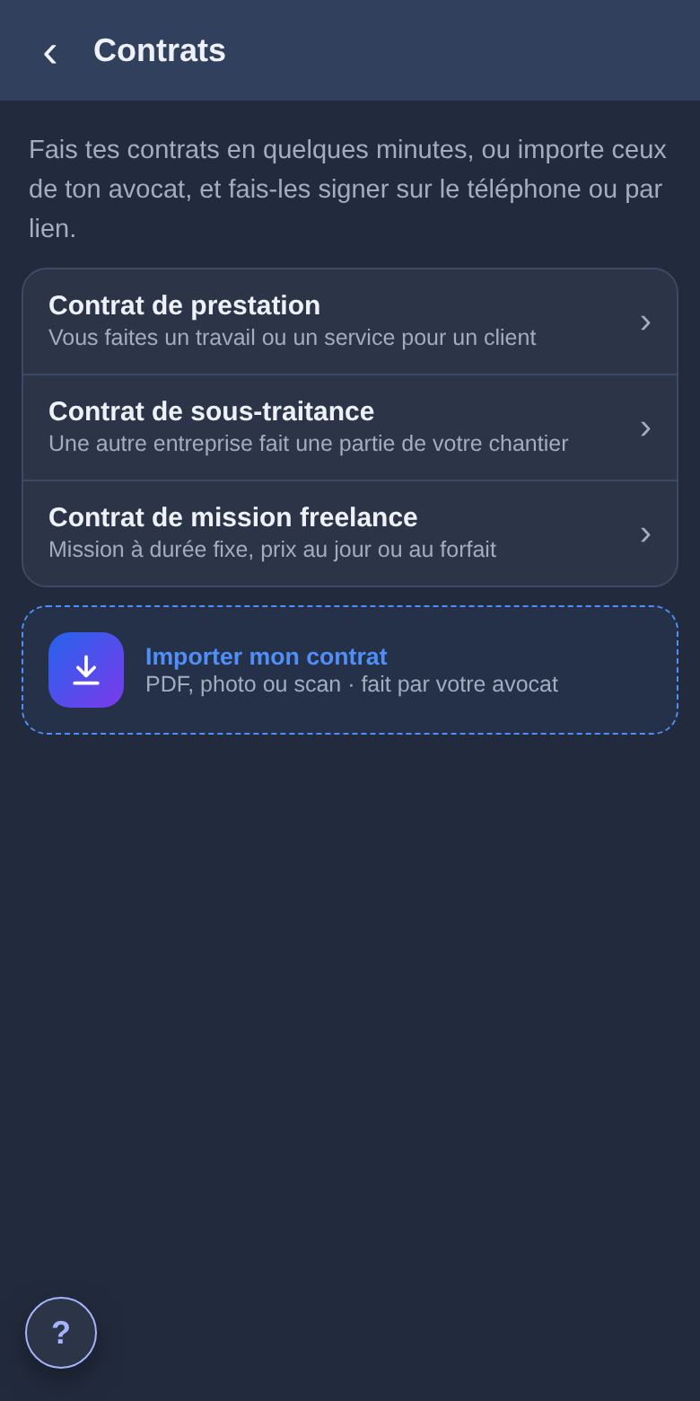 Faire signer son propre contrat (PDF) : écran de l’appli Babelink