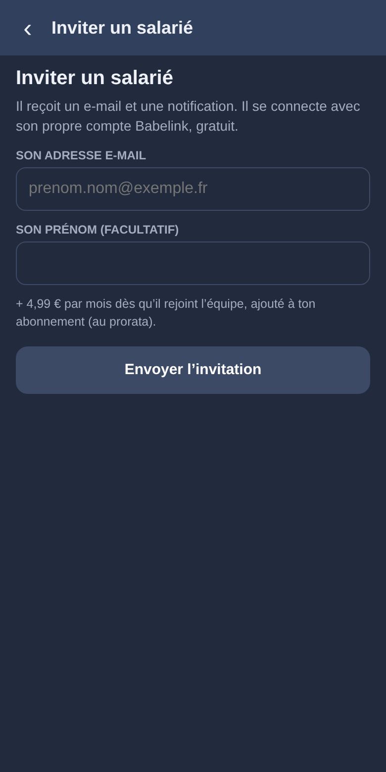 Inviter un salarié dans son équipe : écran de l’appli Babelink