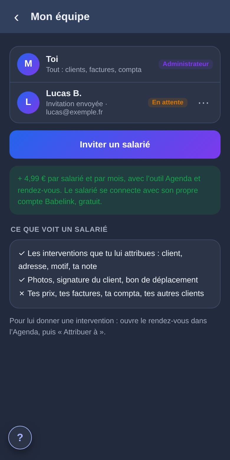 Ce que voit ton salarié : écran de l’appli Babelink