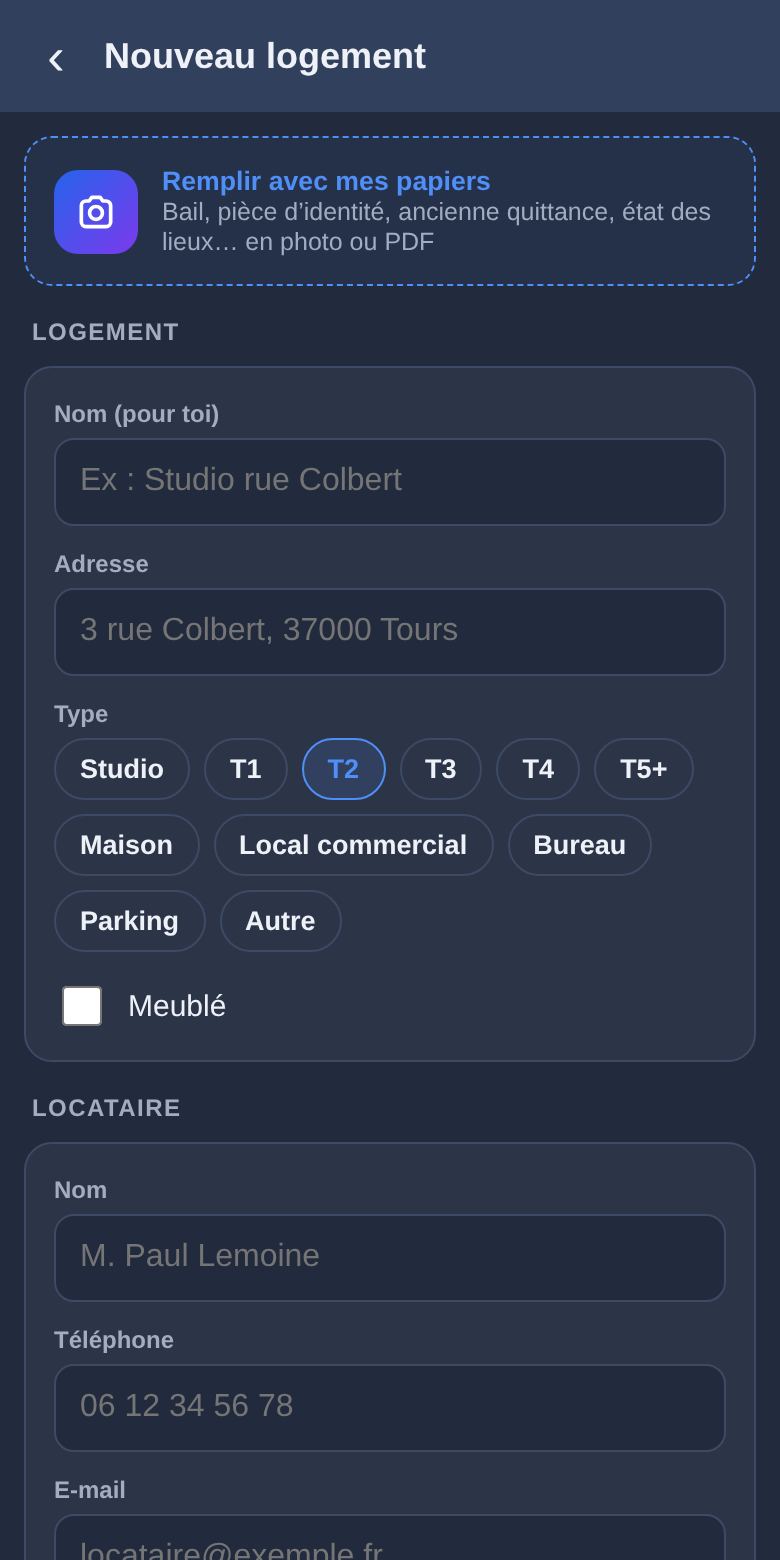Ajouter un logement et son locataire : écran de l’appli Babelink