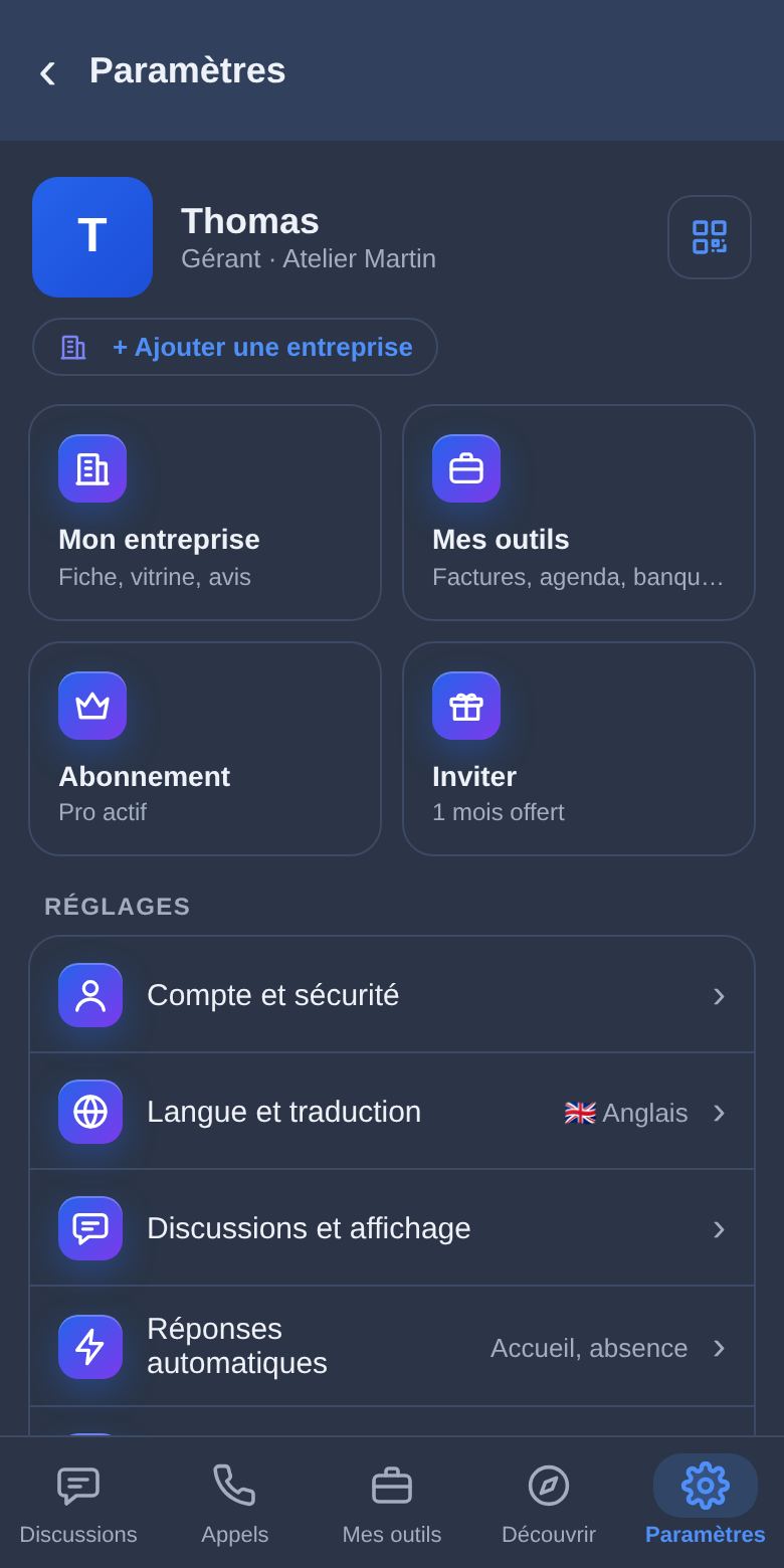 Créer son compte entreprise sur Babelink : écran de l’appli Babelink