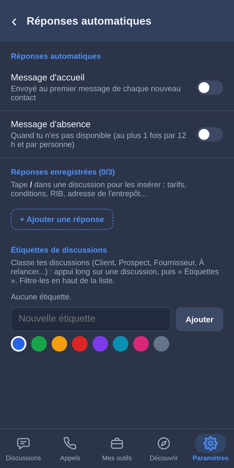Message d’accueil, d’absence et réponses enregistrées : écran de l’appli Babelink