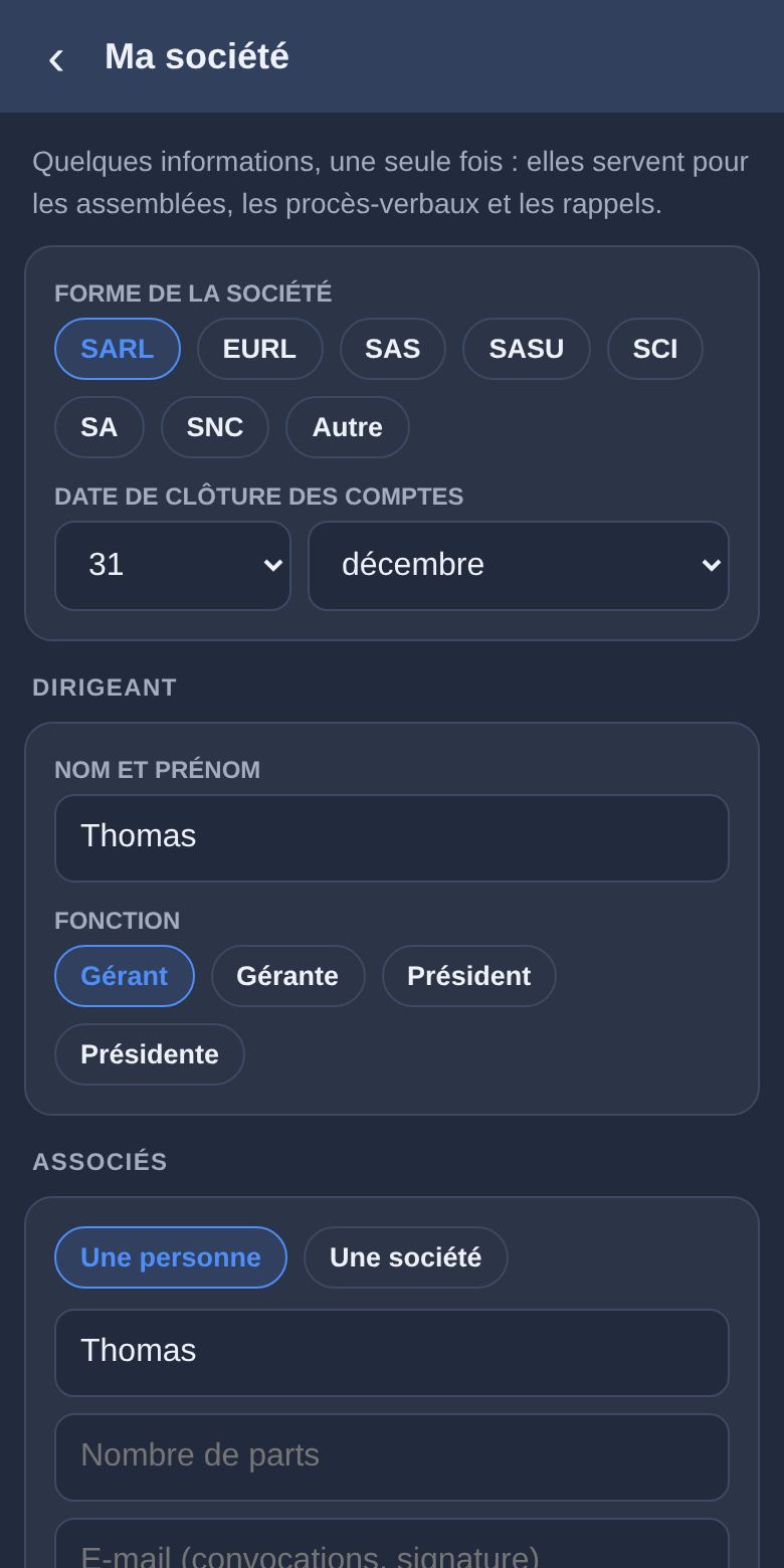 Tenir une assemblée générale et son procès-verbal : écran de l’appli Babelink